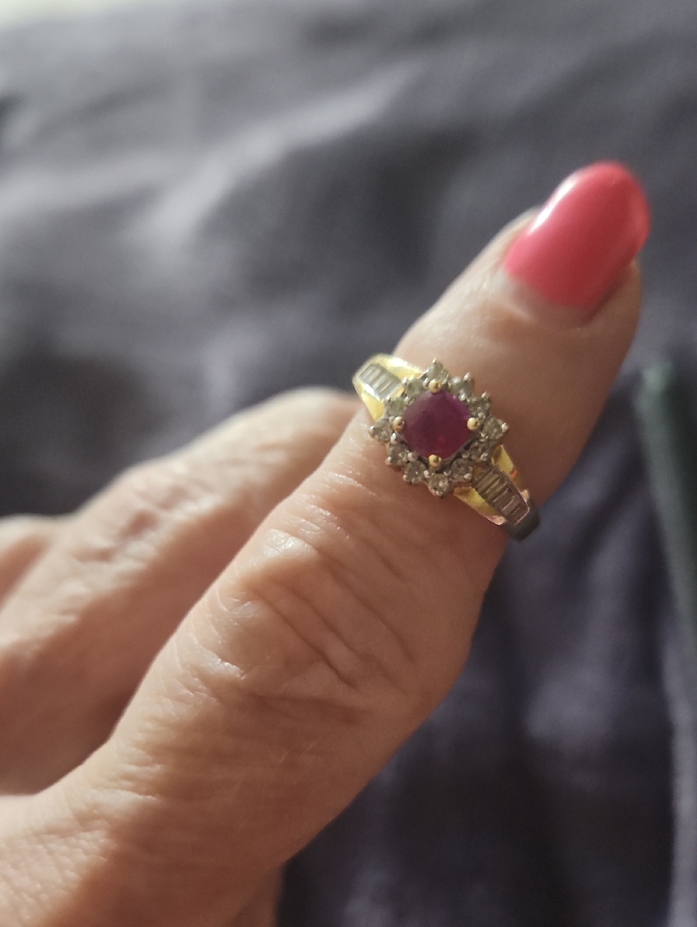 Classic 14kt Gold Ring with Ruby Center and Diamond Halo